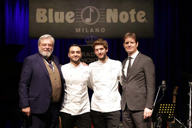Left to right: Andrea De Micheli (President and CEO at Blue Note Milano), Chef FedericoTronci (Blue Note Milano) and Chef Filippo Cavalera (Don Lisander), Stefano Marazzato (CEO at Don Lisander)