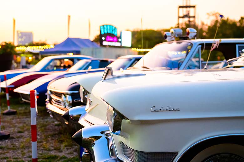 Vintage cars at a drive-in cinema