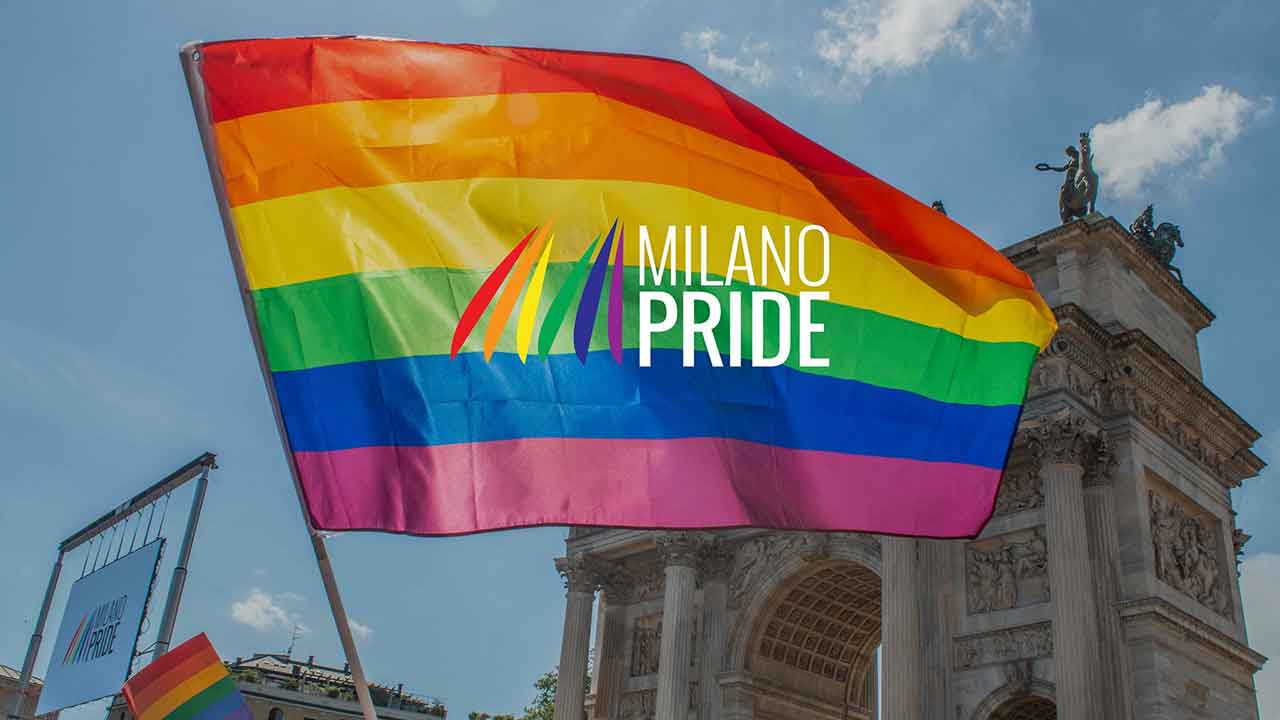 A shot from the 2021 edition of Milano Pride at Milan's Arco della Pace
