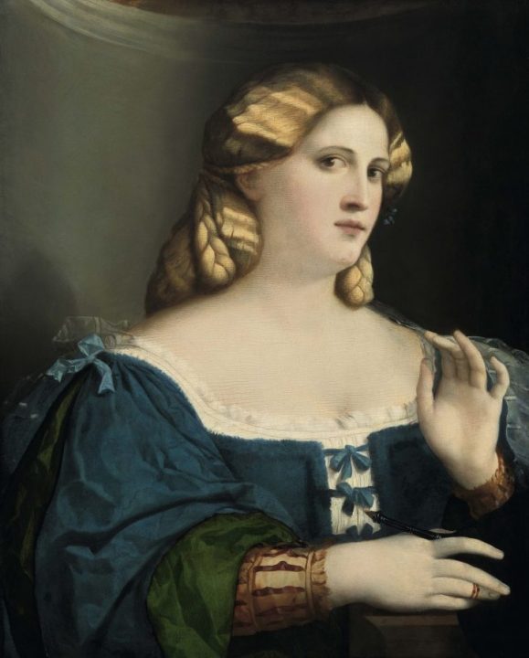 PALMA the Elder, Young woman in blue dress, post (1514), Vienna, Kunsthistorisches Museum