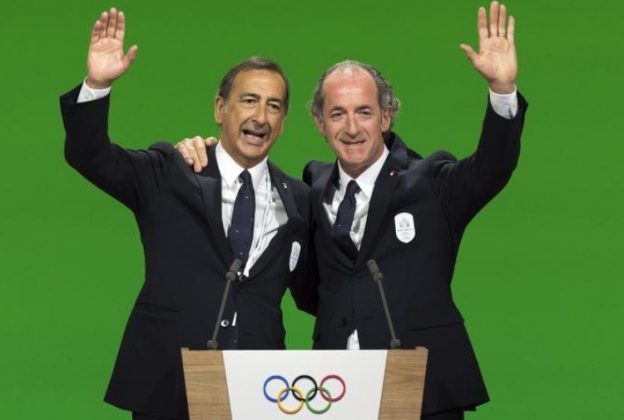 Beppe Sala with Luca Zaia, President of the Veneto Region, at the assignment of the 2026 Winter Olympic Games: Milan-Cortina